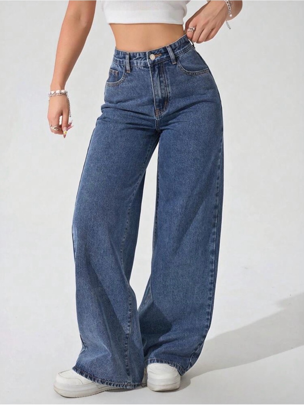 SHEIN Dark Blue High-Rise Wide Leg Jeans